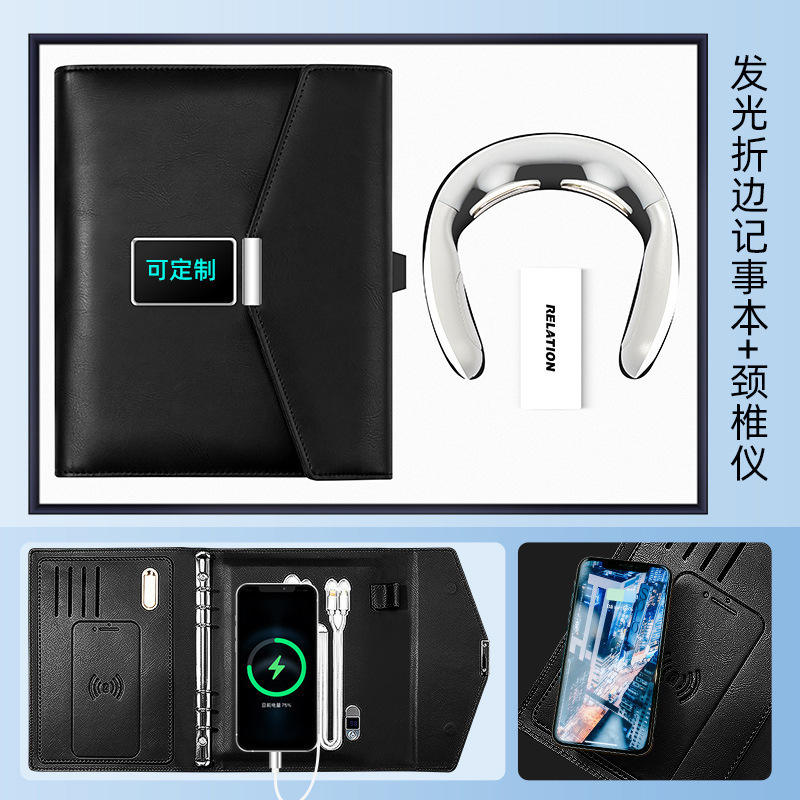 พาวเวอร์แบงค์ LED ไร้สายแบบพับครั้งเดียว พร้อมแหล่งจ่ายไฟในตัว 8kW และแฟลชไดรฟ์ USB 32GB; ชุดนวดคอ F6 สองชิ้น - สีดำ