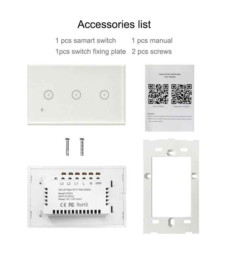 Hot selling 3 gang US. Australian and Mexico standard WIFI touch switch smart wifi zigbee wall touch switch