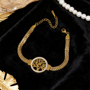 Bracelet pour femme en acier inoxydable plaqué or avec zircone cubique Arbre de Vie, chaîne maille épi réglable, bijou de mode - Product Image 3