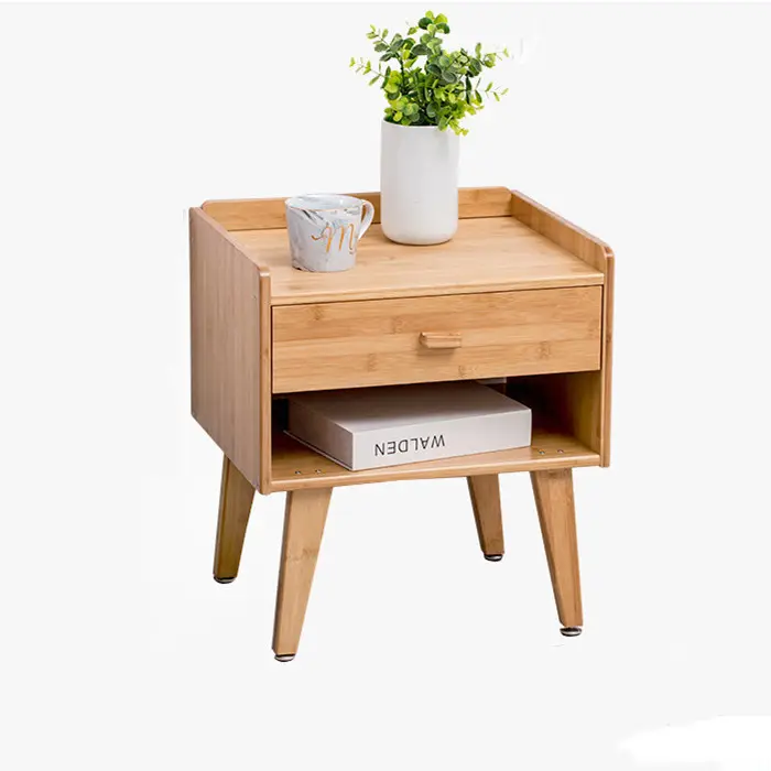 Elegant Durable Bamboo Nightstand with Drawer and Shelf for Bedroom