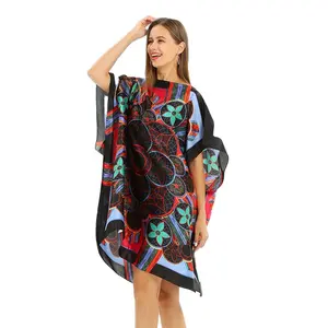 Pullover Print Beach Cape New Scarf Imitations Silk Travel Photography Women's Cover Up Poncho Lady Cloak Seaside Shawl