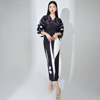 2023 été grande taille Miyake plissé manches chauve-souris robe imprimée femmes mode col en V couleur bloc robe élégante