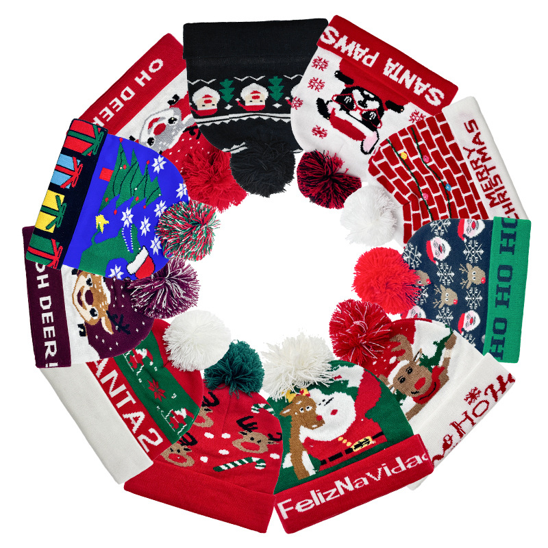 2025 Best-Selling Jacquard Christmas Hat Cross-Border Winter Warm Pullover Knitted Hat with Fur Ball As New Year Gift