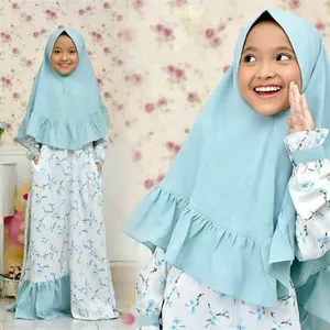 Islamic clothing muslim sky blue floral prayer dress kids abaya set wholesale khimar abaya 2 piece for kids