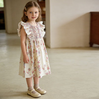 Robe d'été florale pour enfants de 2 à 7 ans, sans manches, à volants, à manches flottantes, mignonne, décontractée, pour fête, en coton, imprimé vintage, pour tout-petits