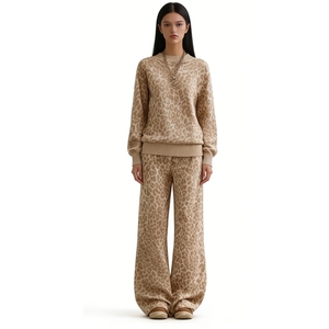 Women's Leopard Print <b>Knit</b> 2 Piece <b>Set</b> - Crew Neck Sweatshirt & Wide-Leg Pants Fashion - Product Image 6