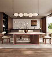 Ensemble de table à manger ovale au design moderne, marbre en grain de noyer, pieds en bois massif avec pierre frittée pour salle à manger et restaurant