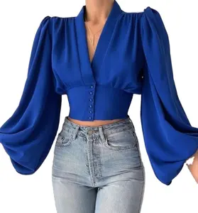 Women's V Neck Wrap OL Work Long Sleeve Shirt Slim Party Blouse Tops girls fashion style shirt