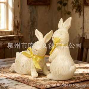 Figurine de lapin en résine minimaliste nordique avec ruban jaune, décoration pour la maison, salon, bureau, artisanat artistique, cadeau - Product Image 3