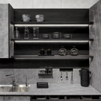 Meubles de cuisine modulaires modernes avec îlot central, bar à petit-déjeuner, portes vitrées, design écologique, finition gris pierre pour salle à manger