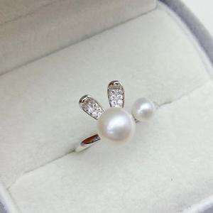 S925 Silver <b>Pearl</b> <b>Ring</b> Good Quality Inlay with Large 7-8mm Round <b>Pearl</b> Small 5mm <b>Pearl</b> Cute Elegant Little White Rabbit Design - Product Image 3