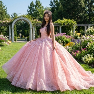 Robe de Quinceañera de luxe rose poudré Dy1552 avec appliques florales 3D, corset perlé, tulle scintillant, robe de bal de princesse Jancember - Product Image 1