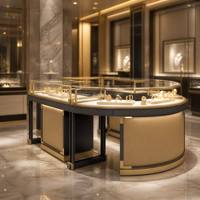 Comptoir de présentation de bijoux ovale incurvé sur mesure en acier inoxydable brossé doré avec vitrine en verre et éclairage LED intégré