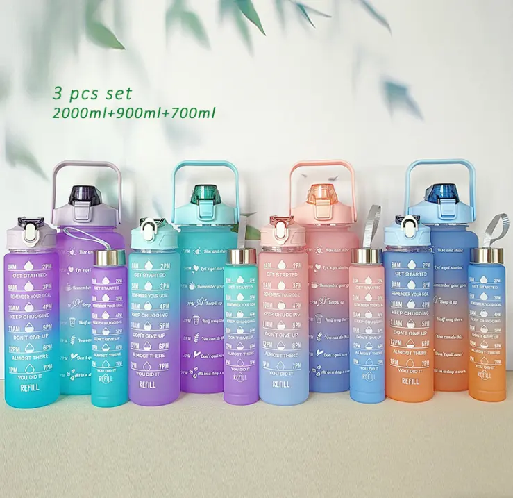 Maskot 3 adet Set 2000ml 900, 500 degrade plastik su şişesi taşınabilir buzlu 2l şişeleri toptan/