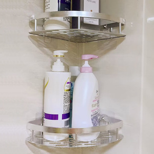 Étagère de salle de bain à double niveau en aluminium, fixation par ventouse, design minimaliste en forme d'éventail, montage mural en coin - Product Image 4