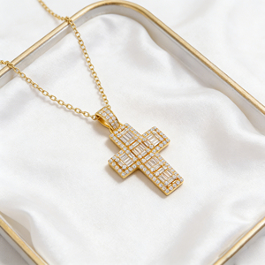 CUSTOM SILVER 10K/14K/18K GOLD PLATED LAB GROWN CVD DIAMOND CLASSIC ENGAGEMENT GIFT SWEATER <b>CHAIN</b> NECKLACE <b>CROSS</b> PENDANT VS - Product Image 3