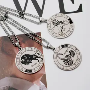 Collares Para Hombre 12 Zodiac Sign Stainless Steel Round Turntable Pendant Necklace Design Jewelry For Men