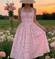 Robe midi rose pour femme, col halter, taille haute, sans manches, coupe trapèze, imprimé floral, écologique, légère, respirante, été, OEM/ODM