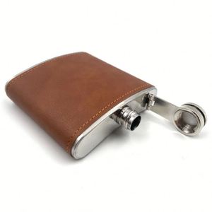 En stock, prix d'usine, gourde à whisky vintage en acier inoxydable avec revêtement en cuir marron, 6 oz, pour l'extérieur - Product Image 5