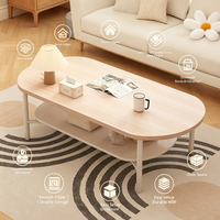 Table basse ovale à double niveau avec rangement, table centrale en bois naturel à 2 niveaux, coins arrondis style nordique pour salon