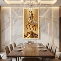 Vente en gros usine : Tableau mural en verre avec cheval en porcelaine, cadre LED, orné de cristaux 5D et de diamants, style moderne, finition or de luxe