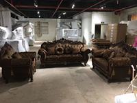 Sofá de Salón de Tela Tallada en Madera Maciza de Estilo Europeo, Sofá de Tela Americano 123, Muebles de Lujo Combinados