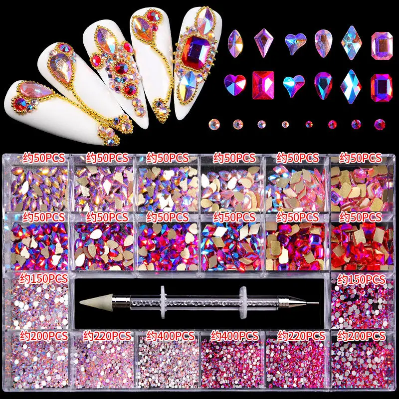 21 Grids Fancy Crystal Multi Shape Nail Accessories Decoration Glass Stones Flatback Nail Art Charms Jewelry Rhinestones