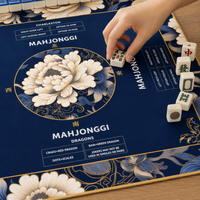 Alas Mahjong Neoprena Emas Angkatan Laut Desain Bunga Peony Aturan Charleston Anti-Selip Peredam Suara Portabel Tahan Lama Tahan Air untuk