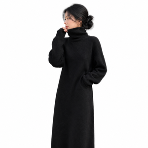 Women's Black Knitted Maxi <b>Sweater</b> Dress <b>Turtleneck</b> Long Sleeve Loose Fit With Pockets Winter Minimalist Style - Product Image 1