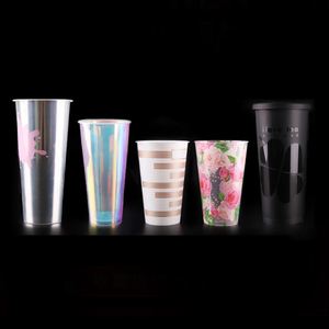Vasos de Plástico PP Desechables para Té Boba con Película Interna, Vasos de Plástico PP Rígidos Personalizados, Tapas Planas, Embalaje en Caja de Papel - Product Image 1