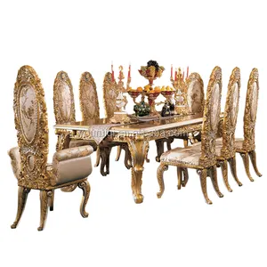 Luxurious Rococo Style Royal Dining Room Set Furniture Gilded Glass Dining Table/ Arabic Style 24 K Gilded Banquet Table