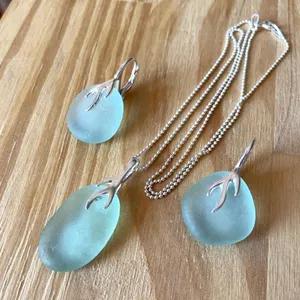 Aqua blue Sea Glass pendant and earrings Blue sea glass set of pendant and earring with sterling silver coral shaped bail