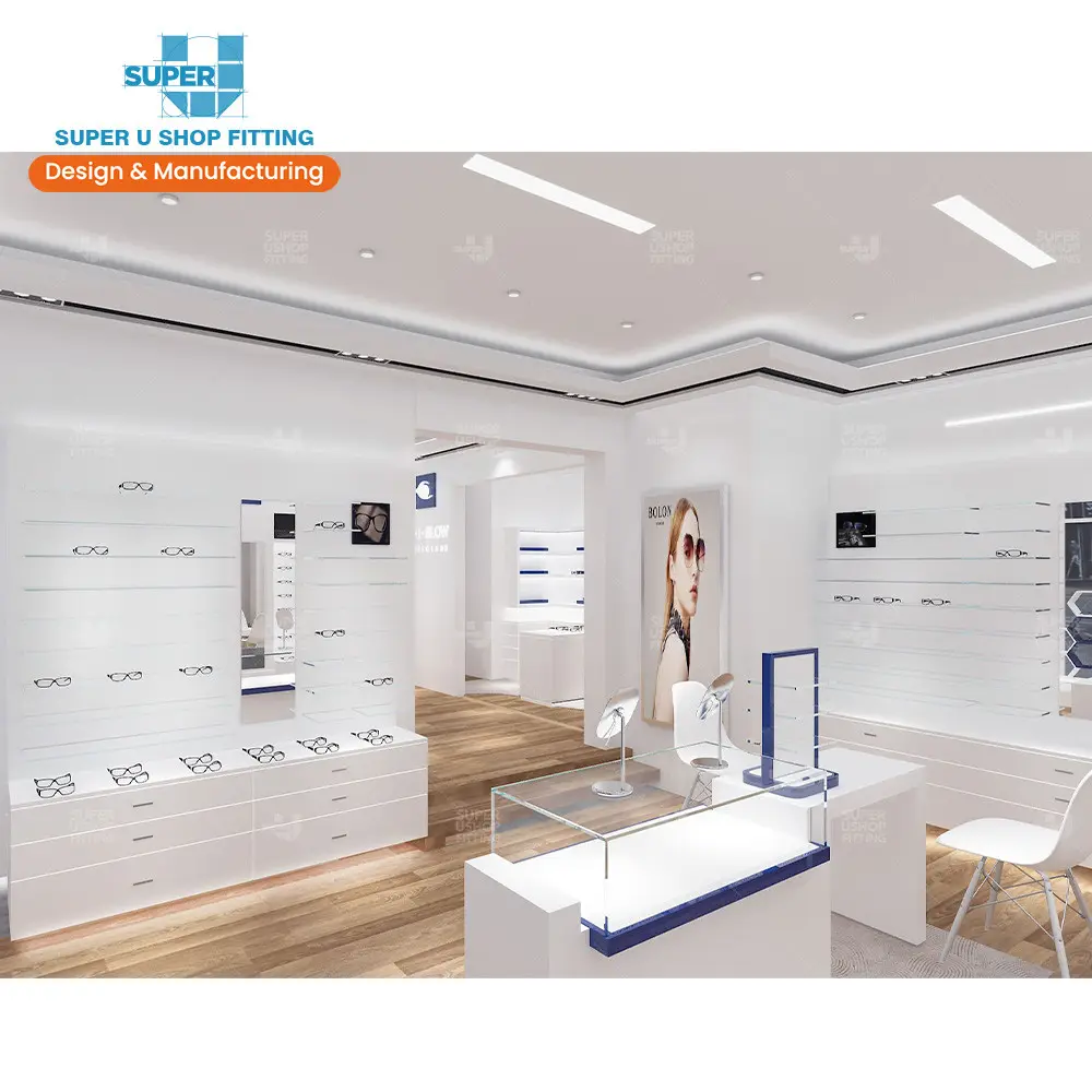 Decoración de muebles para tienda de gafas, escaparate de exhibición de vidrio personalizado, diseño de tienda óptica a medida, color blanco