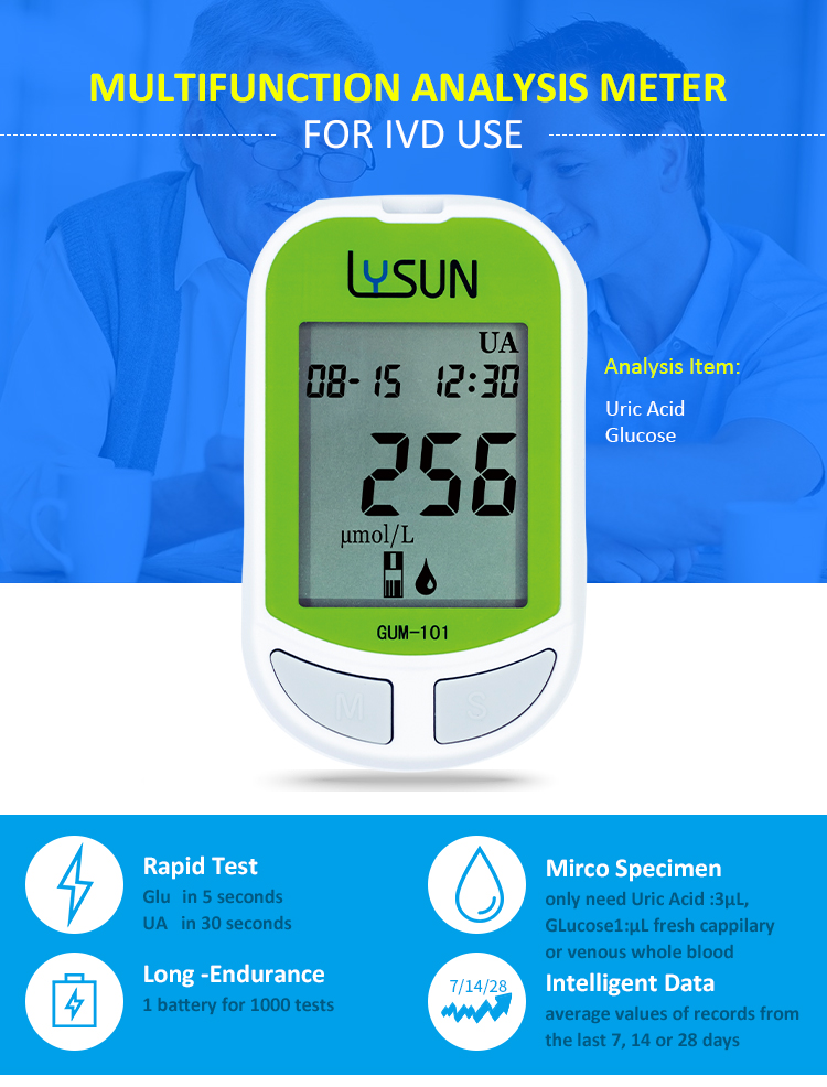 Lysun High Accuracy Health Care Blood Analysis Machine Portable Glucose Uric Acid Meter For Continuous Diabetes Monitoring