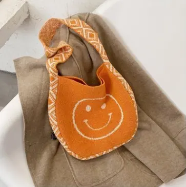 INS Winter Korean Style Cute Smile Lady Knitted Bohemian Boho Chic Tote Bag Customized Women Crochet Woolen Shopper Shoulder Bag