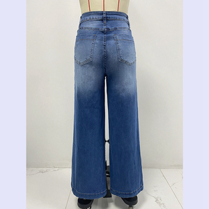 <span class=keywords><strong>Jeans</strong></span> Larghi Baggy da Donna <span class=keywords><strong>Senza</strong></span> Cintura in Denim Elasticizzato a Vita Alta e Gamba Larga con Cuciture Decorative sulle <span class=keywords><strong>Tasche</strong></span> Effetto Lavato - Product Image 4