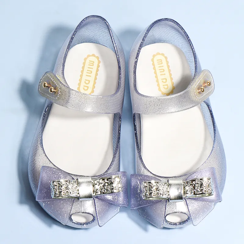 Verão Personalização Crianças Glitter Clear Star Jelly Sapatos para OEM Crianças Meninas Princesa Bow Crystal Flat Shoes