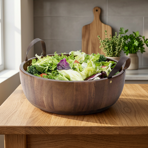 Saladier en bois avec poignées en cuir Plat de service élégant pour cuisine et table à manger - Product Image 1