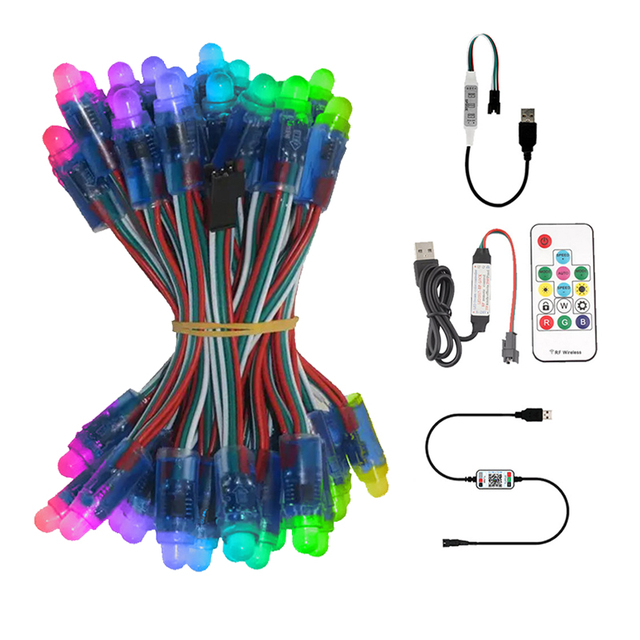 50 LEDs Exposed Lamp WS2811 12mm Diffused Addressable Digital RGB Pixel String Light + USB Controller (optional), 0.3W/LEDs DC5V