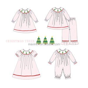 Vêtements filles Arbres <span class=keywords><strong>de</strong></span> Noël Smockés Vêtements pour enfants Ensemble <span class=keywords><strong>de</strong></span> frères et sœurs Costume rayé rose pour filles Tenues 2 pièces pour petites filles - Product Image 1