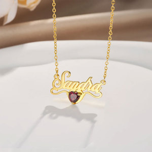 Collana Personalizzata con Nome in Corsivo Ornamentale a Forma di Cuore con Pietra Portafortuna di Luglio, Placcata in Oro, Gioiello alla Moda, Regalo per i Propri Cari - Product Image 2