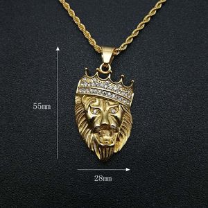 Collier pendentif tête de lion Hip Hop en acier inoxydable plaqué or avec couronne pavée de diamants, bijoux de fête pour homme - Product Image 4