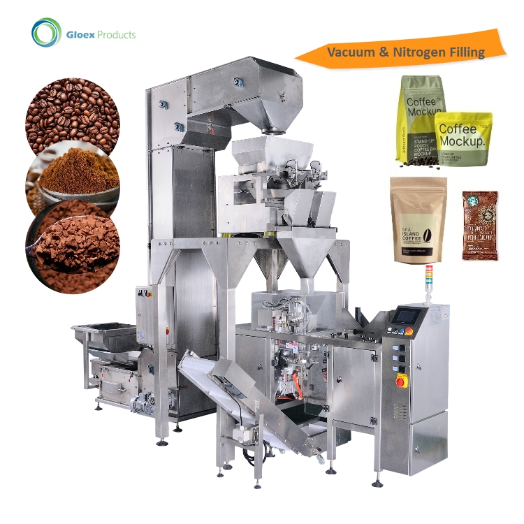 Máquina automática de envasado de granos de café en polvo, máquina de embalaje lineal, con fuelle, certificado CE