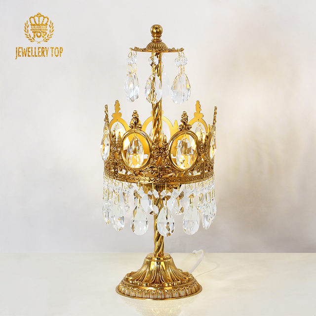 Jewellerytop Royal Crown Brass Decorative Table Light Antique Decor Gold Bedside Crystal Table Lamps