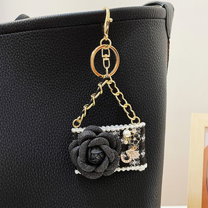Elegant Mini Bag Alloy Keychain | Tweed Fabric Flower Purse Charm with Pearl &amp; Rhinestone Luxury <strong>Key</strong> <strong>Ring</strong> <strong>for</strong> <strong>Women</strong> Wholesale - Product Image 3