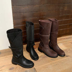 Bottes classiques pour femmes, hauteur genou, en cuir véritable, style rétro, à enfiler, avec ceinture décorative, talon carré, couleur unie, mode décontractée - Product Image 1