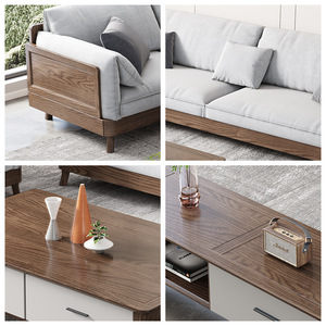 Nordic Ash Wood Solid Wood <b>Sofa</b> Set With Storage For Living Room Small Apartments L Shaped Walnut Color - Product Image 4