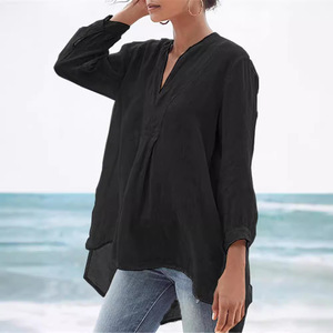 Nuovo stile vendita caldo lino tinta unita Casual moda manica lanterna camicia di <span class=keywords><strong>Tulle</strong></span> donna - Product Image 4