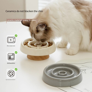 Ceramic Cat Bowl <b>Slow</b> <b>Feeder</b> Bowl for Pets Anti-Chok Cat Food and Water Dish with Neck Protection Wood Stand-for Dogs - Product Image 3