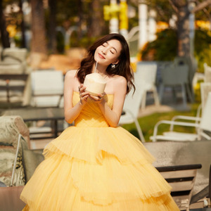 Yellow Ball Gown Sweetheart Neckline Empire Waist Mesh Layered Skirt Evening Dress For Art Exams Runway Princess Style - Product Image 2